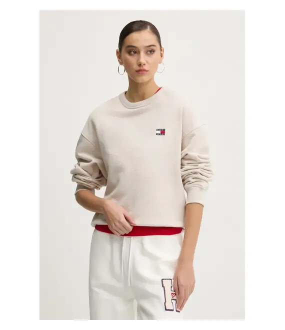 Βαμβακερή μπλούζα Tommy Jeans γυναικεία, χρώμα: μπεζ, DW0DW19408