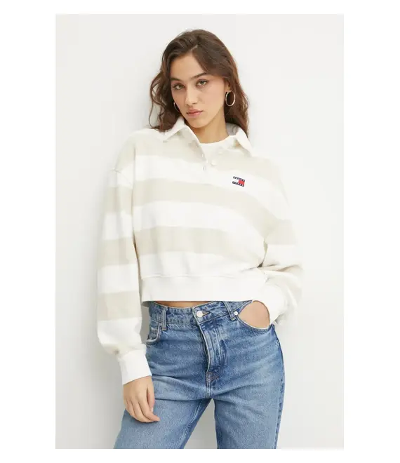 Βαμβακερή μπλούζα Tommy Jeans γυναικεία, χρώμα: μπεζ, DW0DW19409