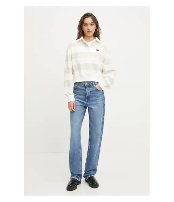 Βαμβακερή μπλούζα Tommy Jeans γυναικεία, χρώμα: μπεζ, DW0DW19409