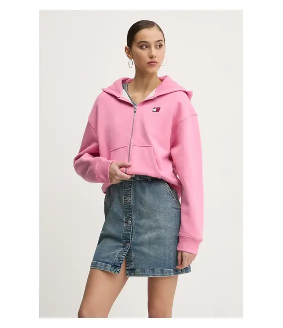 Βαμβακερή μπλούζα Tommy Jeans γυναικεία, χρώμα: ροζ, με κουκούλα, DW0DW19412