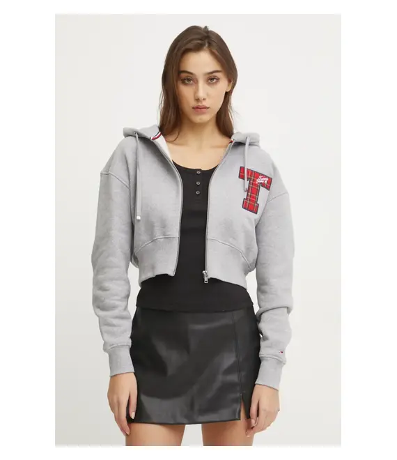 Βαμβακερή μπλούζα Tommy Jeans γυναικεία, χρώμα: γκρι, με κουκούλα, DW0DW20535