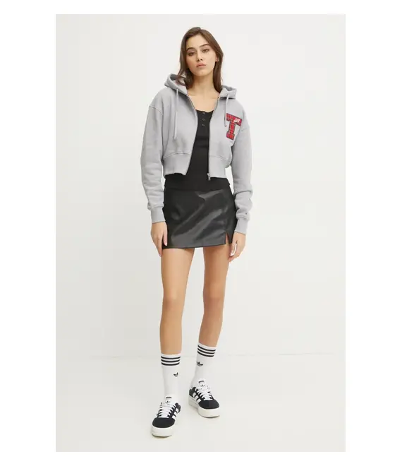 Βαμβακερή μπλούζα Tommy Jeans γυναικεία, χρώμα: γκρι, με κουκούλα, DW0DW20535