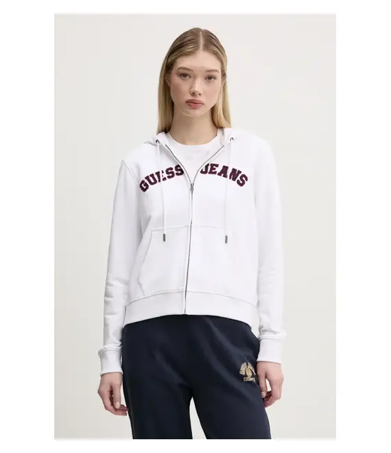 Βαμβακερή μπλούζα Guess Jeans γυναικεία, χρώμα: άσπρο, με κουκούλα, W5RQ20 K68I4