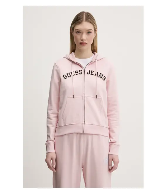 Βαμβακερή μπλούζα Guess Jeans γυναικεία, χρώμα: ροζ, με κουκούλα, W5RQ20 K68I4