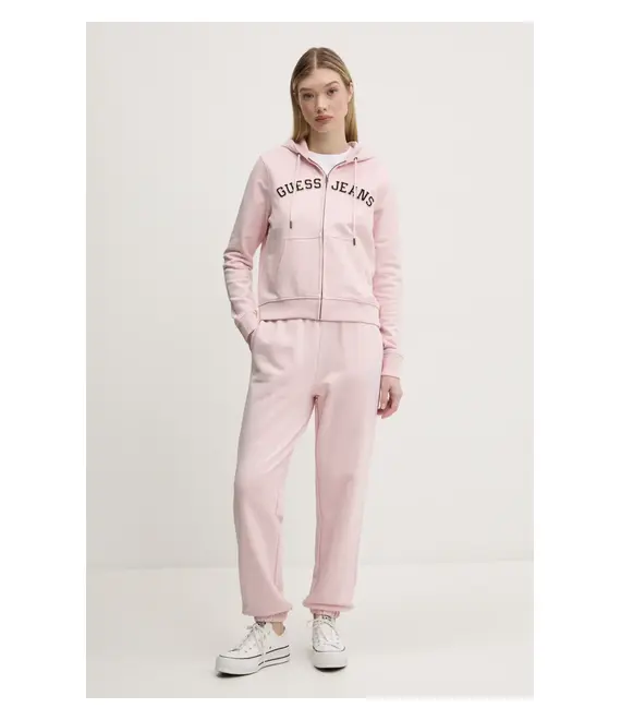 Βαμβακερή μπλούζα Guess Jeans γυναικεία, χρώμα: ροζ, με κουκούλα, W5RQ20 K68I4