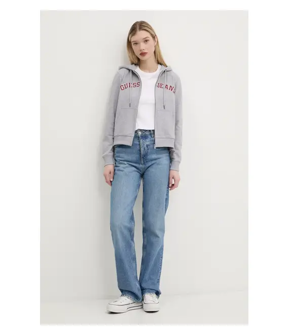 Βαμβακερή μπλούζα Guess Jeans γυναικεία, χρώμα: γκρι, με κουκούλα, W5RQ20 K68I4
