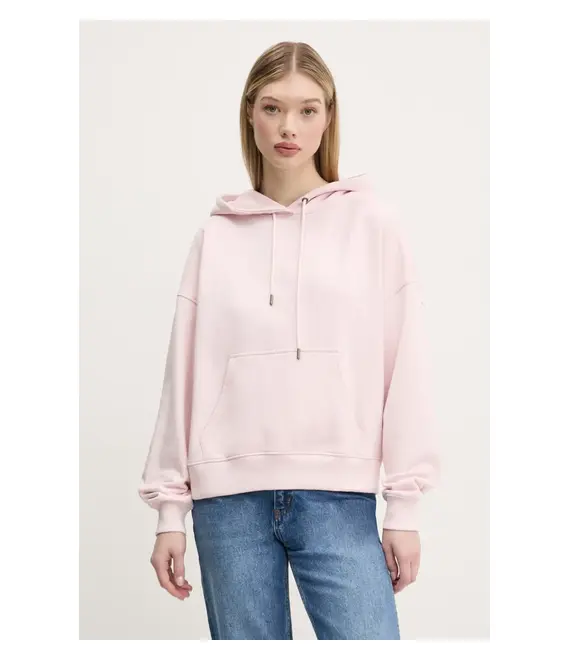 Βαμβακερή μπλούζα Guess Jeans γυναικεία, χρώμα: ροζ, με κουκούλα, W5RQ27 K68I4