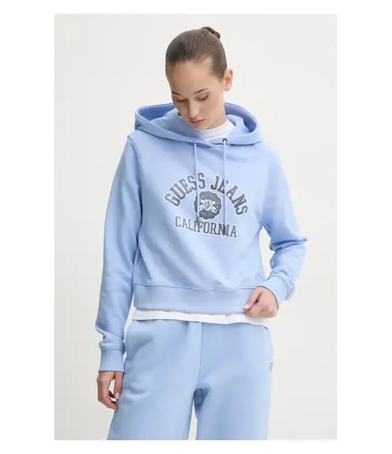 Βαμβακερή μπλούζα Guess Jeans γυναικεία, χρώμα: μπλε, με κουκούλα, W5RQ29 K68I4