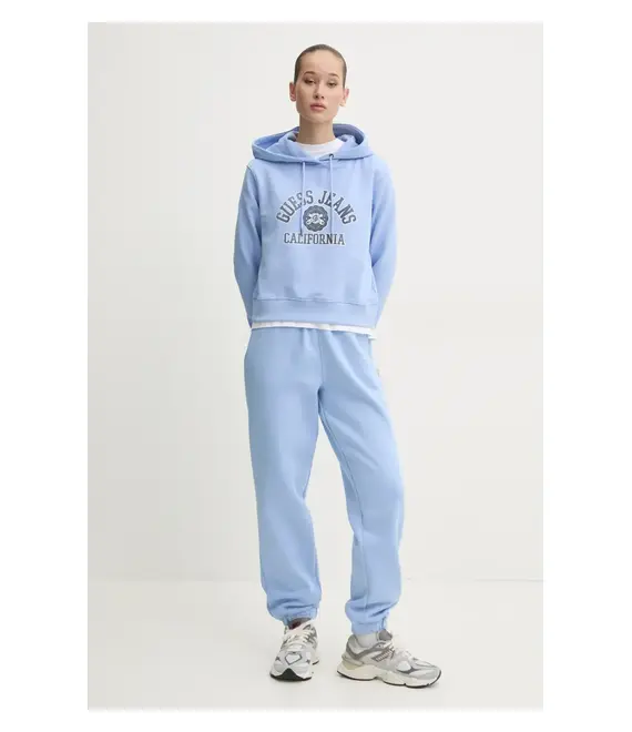 Βαμβακερή μπλούζα Guess Jeans γυναικεία, χρώμα: μπλε, με κουκούλα, W5RQ29 K68I4