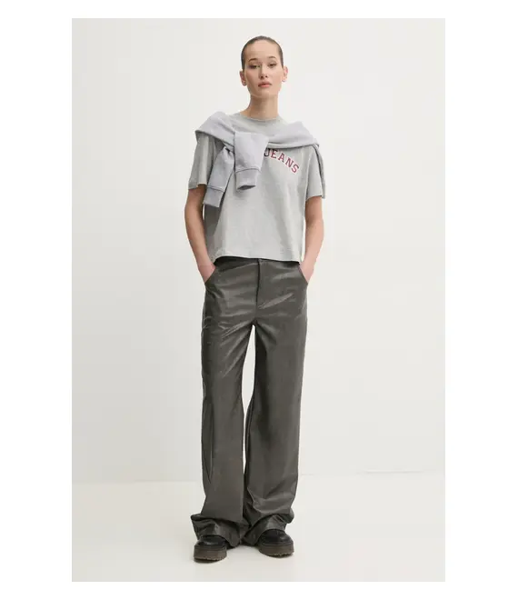 Βαμβακερή μπλούζα Guess Jeans γυναικεία, χρώμα: γκρι, με κουκούλα, W5RQ29 K68I4