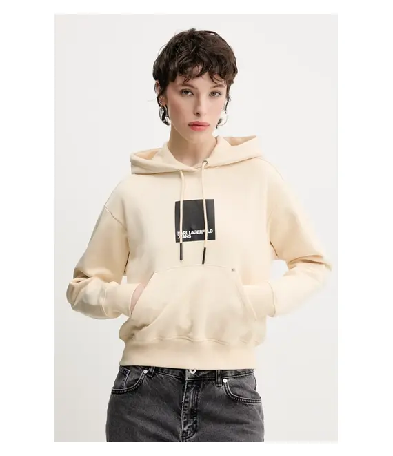 Βαμβακερή μπλούζα Karl Lagerfeld Jeans γυναικεία, χρώμα: μπεζ, με κουκούλα, A1W20007