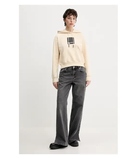 Βαμβακερή μπλούζα Karl Lagerfeld Jeans γυναικεία, χρώμα: μπεζ, με κουκούλα, A1W20007