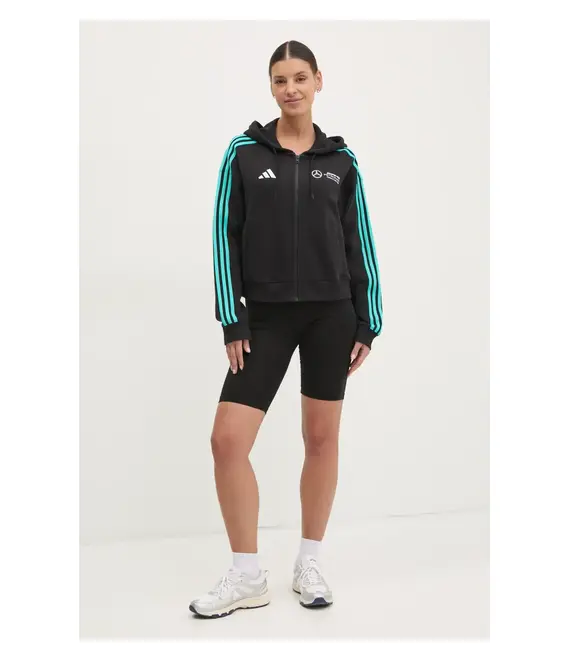 Βαμβακερή μπλούζα adidas x Mercedes γυναικεία, χρώμα: μαύρο, με κουκούλα, JV5436