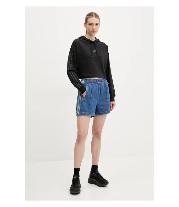 Μπλούζα adidas W AOP Blur χρώμα: μαύρο, με κουκούλα, JC6244