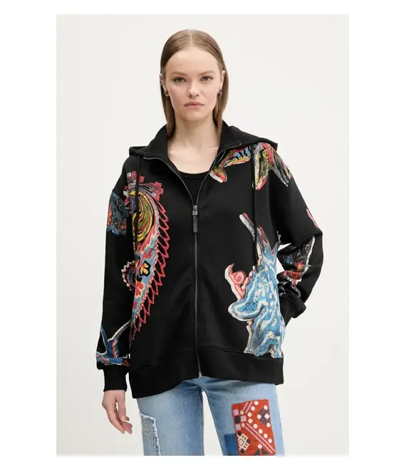 Βαμβακερή μπλούζα Desigual MELTED PAISLEYS γυναικεία, χρώμα: μαύρο, με κουκούλα, 25SWSK01