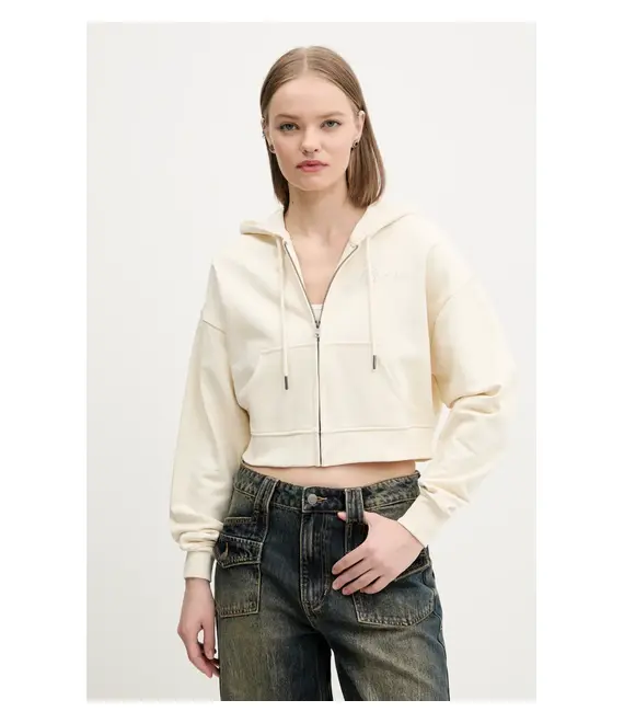 Βαμβακερή μπλούζα Guess Originals γυναικεία, χρώμα: μπεζ, με κουκούλα, W5RQ13 K68I1