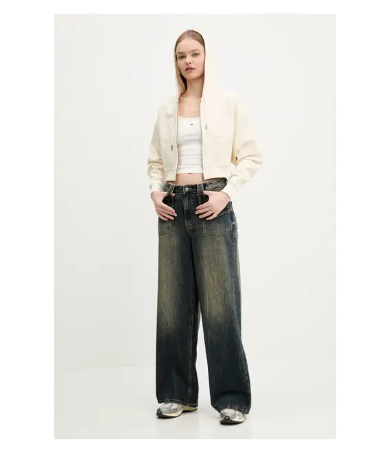 Βαμβακερή μπλούζα Guess Originals γυναικεία, χρώμα: μπεζ, με κουκούλα, W5RQ13 K68I1
