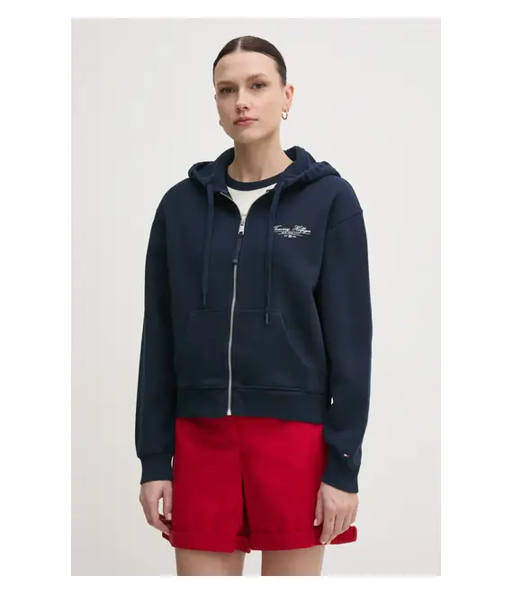 Βαμβακερή μπλούζα Tommy Hilfiger γυναικεία, χρώμα: ναυτικό μπλε, με κουκούλα, WW0WW44632