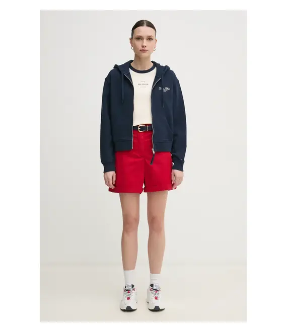Βαμβακερή μπλούζα Tommy Hilfiger γυναικεία, χρώμα: ναυτικό μπλε, με κουκούλα, WW0WW44632