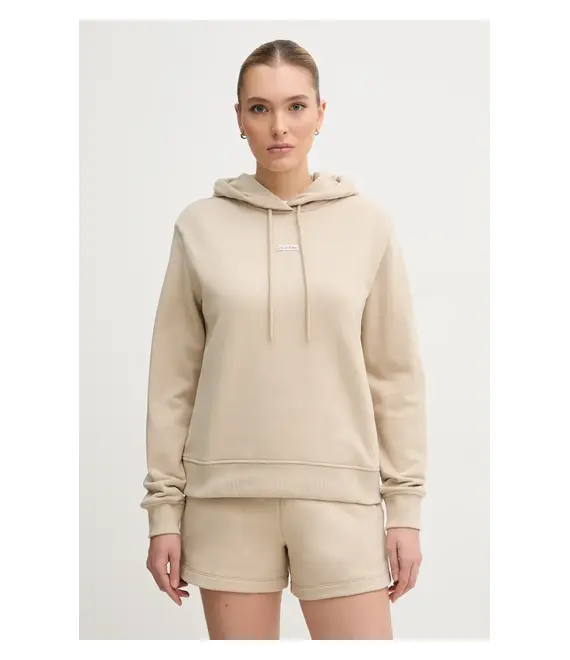 Βαμβακερή μπλούζα Calvin Klein Jeans γυναικεία, χρώμα: μπεζ, με κουκούλα, J20J225364