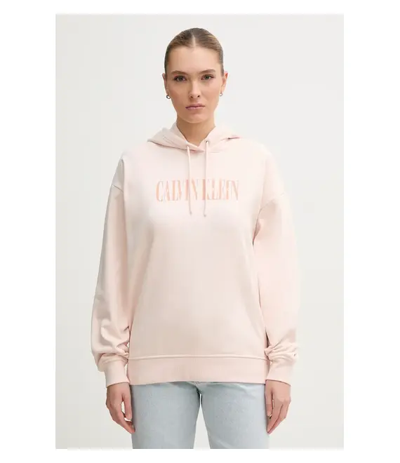 Βαμβακερή μπλούζα Calvin Klein Jeans γυναικεία, χρώμα: ροζ, με κουκούλα, J20J225579