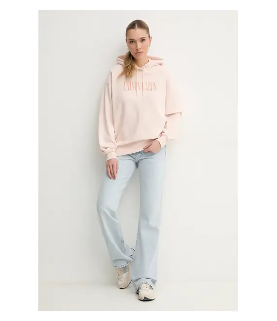 Βαμβακερή μπλούζα Calvin Klein Jeans γυναικεία, χρώμα: ροζ, με κουκούλα, J20J225579