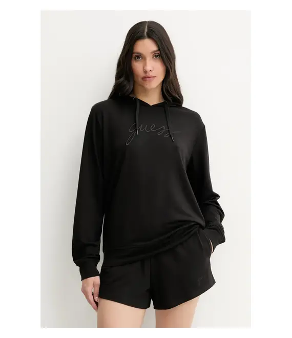Μπλούζα Guess LUCIA χρώμα: μαύρο, με κουκούλα, O5GQ00 KCQP2