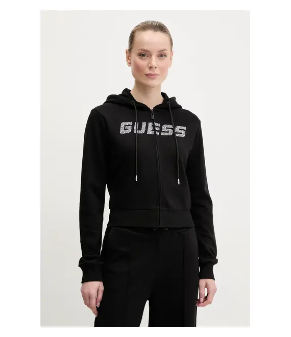 Βαμβακερή μπλούζα Guess PRIMULA γυναικεία, χρώμα: μαύρο, με κουκούλα, V5GQ10 KCRP0