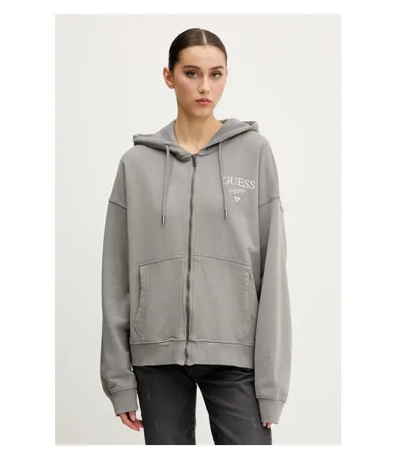 Βαμβακερή μπλούζα Guess Originals γυναικεία, χρώμα: γκρι, με κουκούλα, M5GQ34 KCPR1