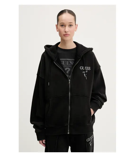 Βαμβακερή μπλούζα Guess Originals γυναικεία, χρώμα: μαύρο, με κουκούλα, M5GQ34 KCPR1