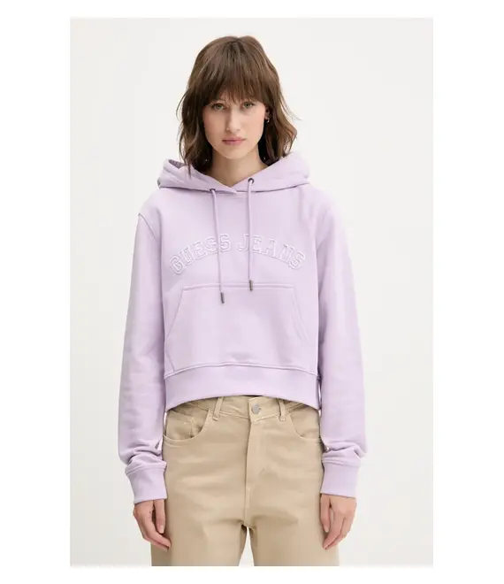 Βαμβακερή μπλούζα Guess Jeans γυναικεία, χρώμα: μοβ, με κουκούλα, W5GQ22 K68I4
