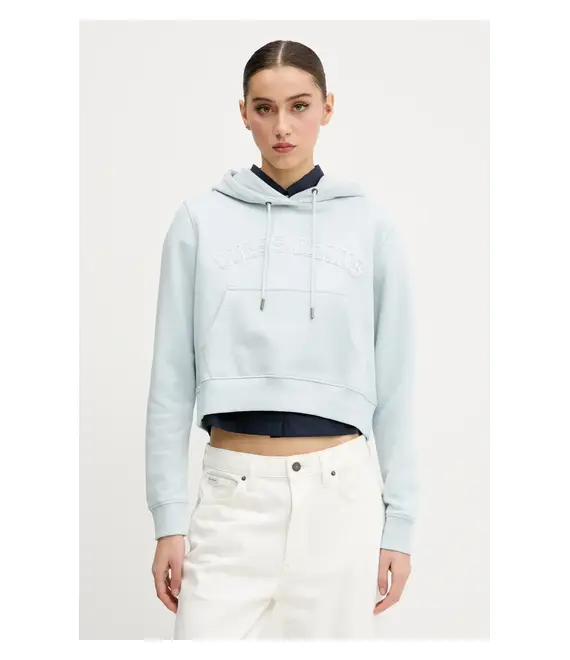Βαμβακερή μπλούζα Guess Jeans γυναικεία, χρώμα: μπλε, με κουκούλα, W5GQ22 K68I4