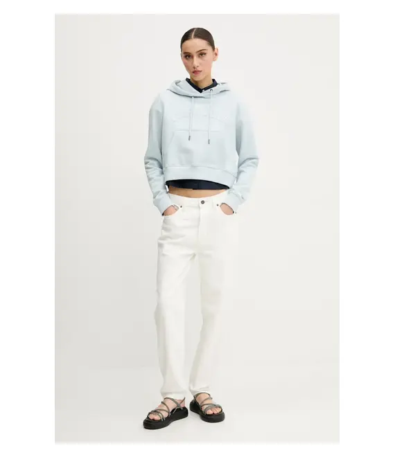 Βαμβακερή μπλούζα Guess Jeans γυναικεία, χρώμα: μπλε, με κουκούλα, W5GQ22 K68I4