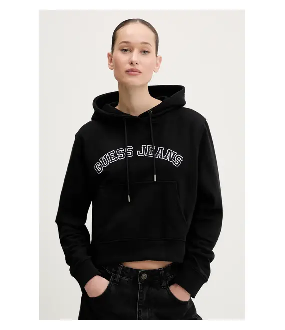 Βαμβακερή μπλούζα Guess Jeans γυναικεία, χρώμα: μαύρο, με κουκούλα, W5GQ22 K68I4