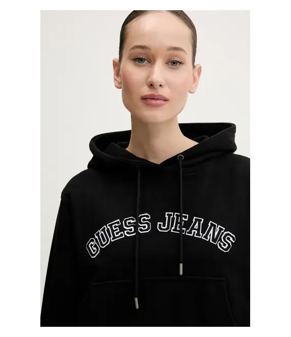 Βαμβακερή μπλούζα Guess Jeans γυναικεία, χρώμα: μαύρο, με κουκούλα, W5GQ22 K68I4