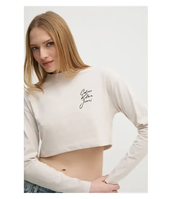Βαμβακερή μπλούζα με μακριά μανίκια Calvin Klein Jeans χρώμα: μπεζ, J20J224991