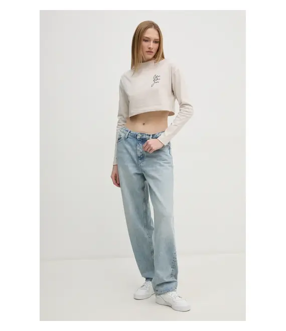 Βαμβακερή μπλούζα με μακριά μανίκια Calvin Klein Jeans χρώμα: μπεζ, J20J224991
