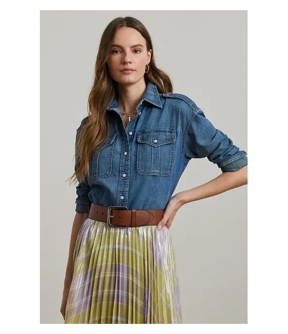 Βαμβακερό τζιν πουκάμισο Lauren Ralph Lauren χρώμα: μπλε, 200972031