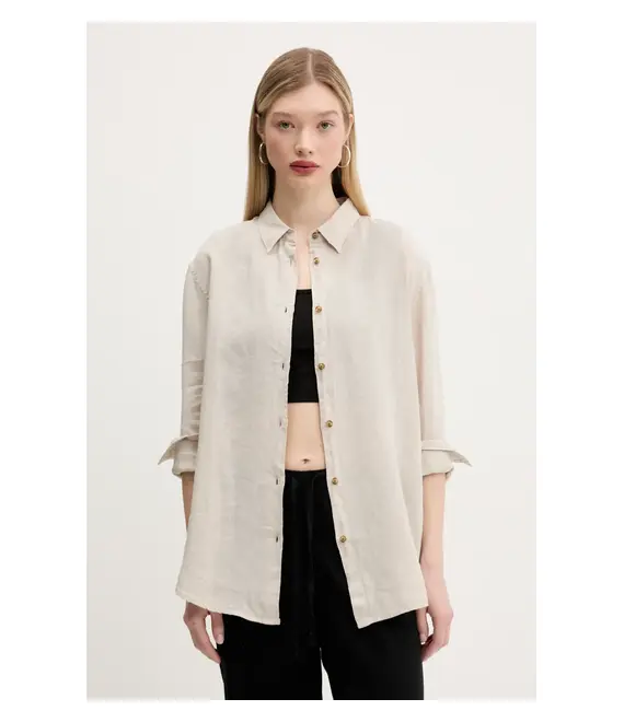 Πουκάμισο από λινό Superdry χρώμα: μπεζ, W4010463A-2PQ