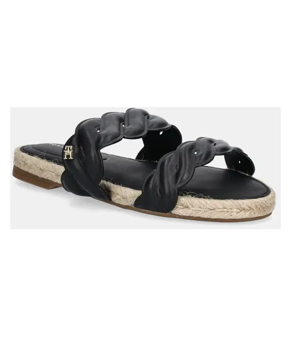 Δερμάτινες παντόφλες Tommy Hilfiger LEATHER ROPE ESPADRILLE MULE γυναικείες, χρώμα: μαύρο, FW0FW08503