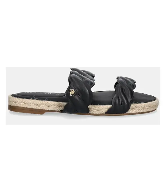 Δερμάτινες παντόφλες Tommy Hilfiger LEATHER ROPE ESPADRILLE MULE γυναικείες, χρώμα: μαύρο, FW0FW08503