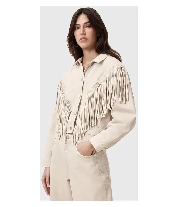 Βαμβακερό μπουφάν AllSaints MARLENE FRNGE χρώμα: μπεζ, W057OC