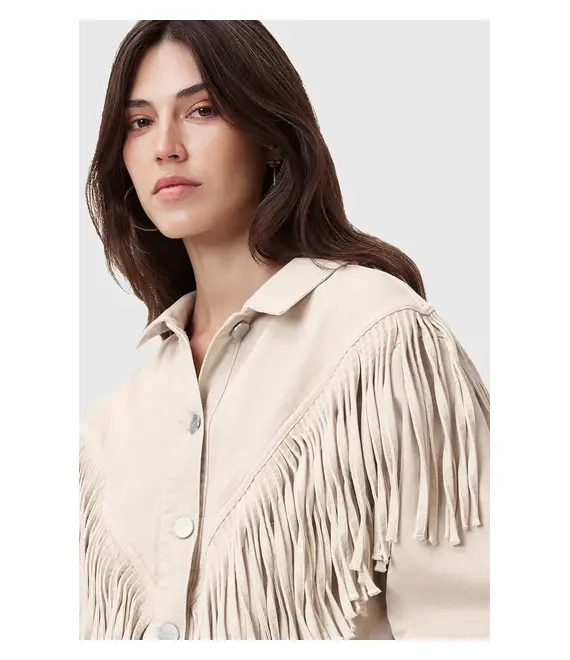 Βαμβακερό μπουφάν AllSaints MARLENE FRNGE χρώμα: μπεζ, W057OC