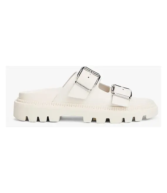 Δερμάτινες παντόφλες Tommy Jeans DOUBLE STRAP SANDAL γυναικείες, χρώμα: μπεζ, EN0EN02753