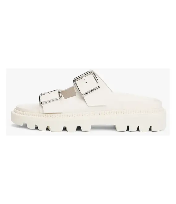 Δερμάτινες παντόφλες Tommy Jeans DOUBLE STRAP SANDAL γυναικείες, χρώμα: μπεζ, EN0EN02753