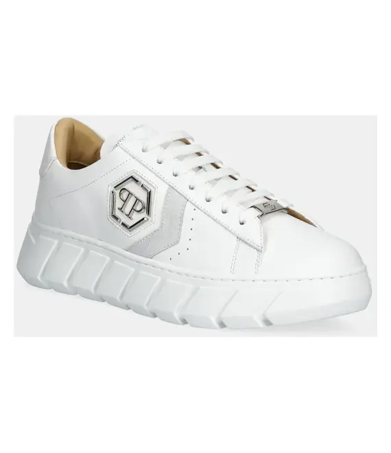 Δερμάτινα αθλητικά παπούτσια Philipp Plein Nappa Lo-Top Hexagon χρώμα: άσπρο, USC0698 PLE075N 01