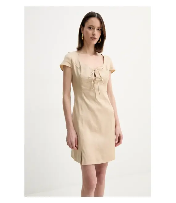 Λινό φόρεμα Guess ISABEAU χρώμα: μπεζ, W5GK41 WH5L2