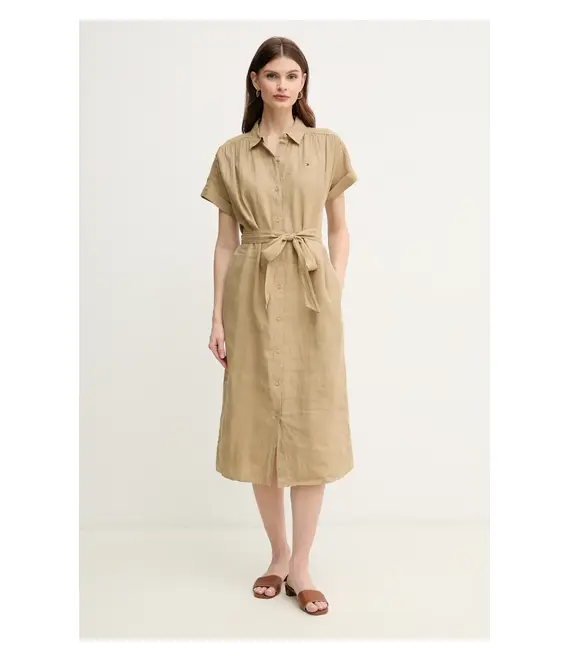 Λινό φόρεμα Tommy Hilfiger χρώμα: πράσινο, WW0WW44653