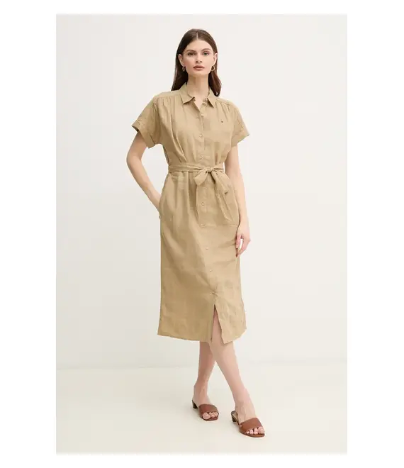 Λινό φόρεμα Tommy Hilfiger χρώμα: πράσινο, WW0WW44653