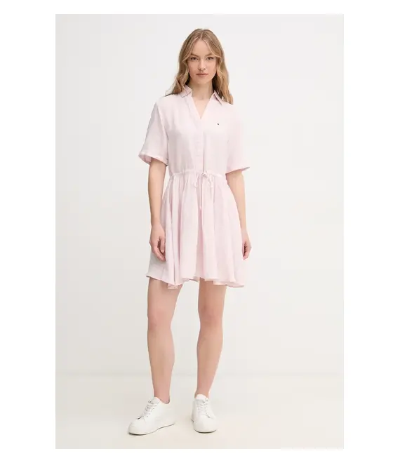 Λινό φόρεμα Tommy Hilfiger χρώμα: ροζ, WW0WW44672